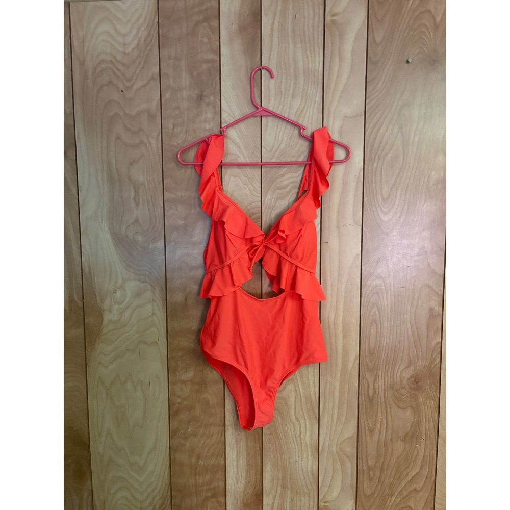 Neon Coral Ruffle Cutout One Piece Swimsuit Monokini Medium
